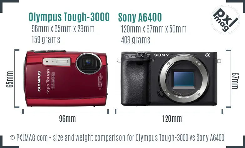 Olympus Tough-3000 vs Sony A6400 size comparison