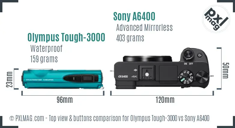 Olympus Tough-3000 vs Sony A6400 top view buttons comparison