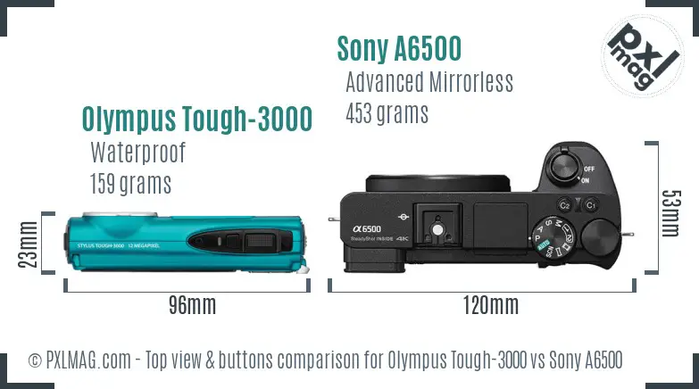 Olympus Tough-3000 vs Sony A6500 top view buttons comparison