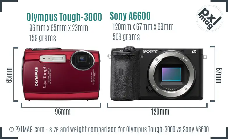 Olympus Tough-3000 vs Sony A6600 size comparison
