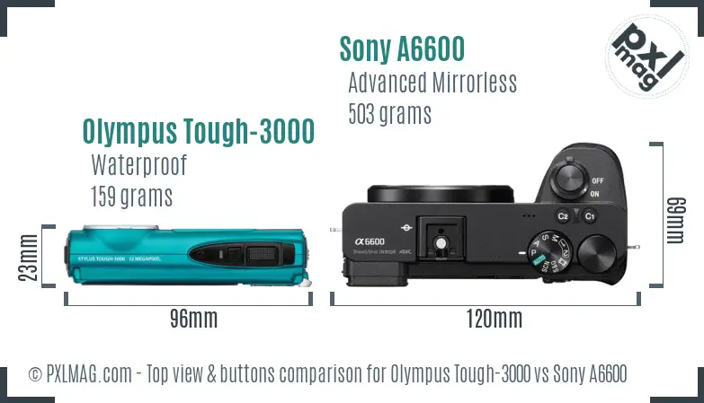 Olympus Tough-3000 vs Sony A6600 top view buttons comparison