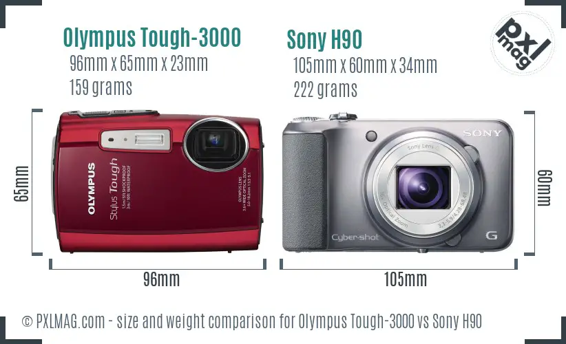 Olympus Tough-3000 vs Sony H90 size comparison