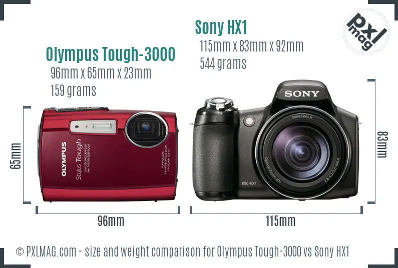 Olympus Tough-3000 vs Sony HX1 size comparison