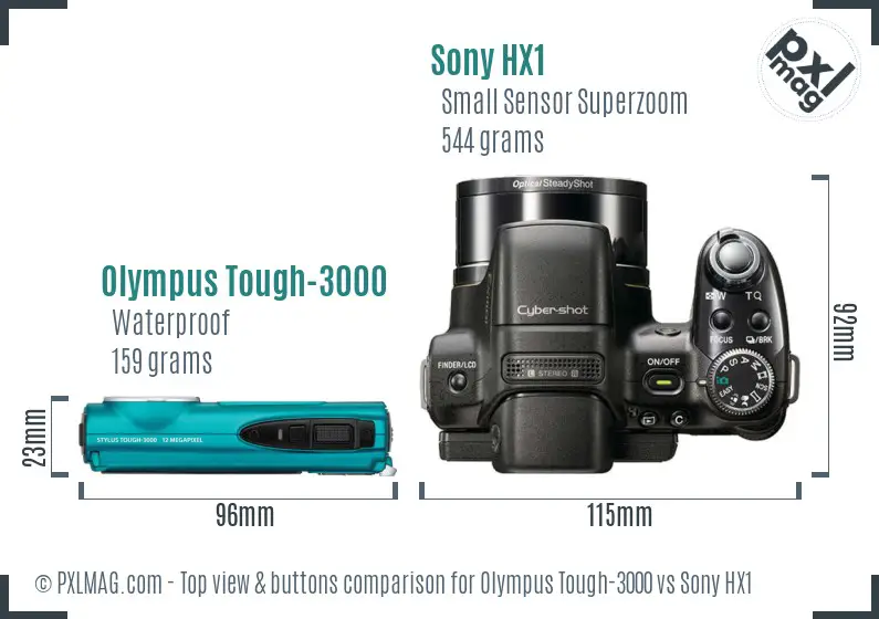 Olympus Tough-3000 vs Sony HX1 top view buttons comparison
