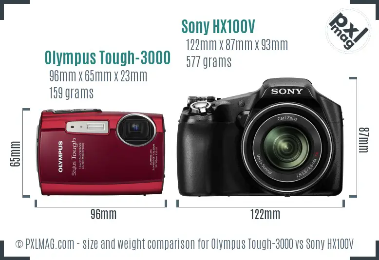 Olympus Tough-3000 vs Sony HX100V size comparison