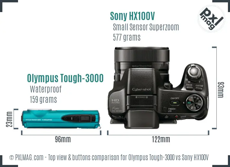 Olympus Tough-3000 vs Sony HX100V top view buttons comparison