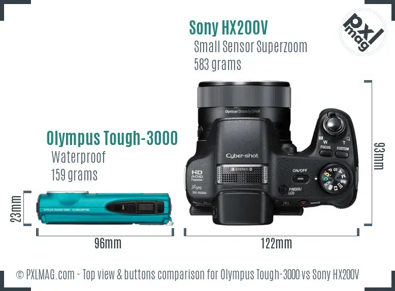Olympus Tough-3000 vs Sony HX200V top view buttons comparison