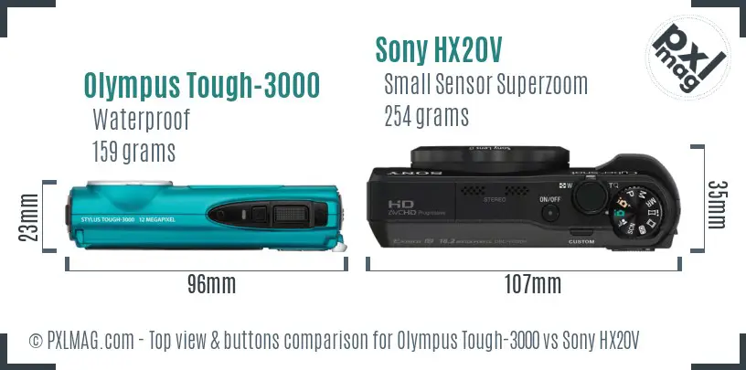 Olympus Tough-3000 vs Sony HX20V top view buttons comparison