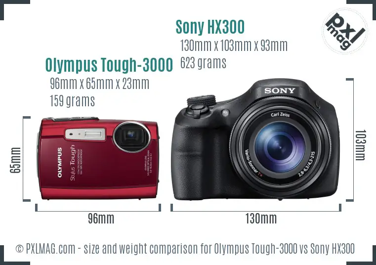 Olympus Tough-3000 vs Sony HX300 size comparison