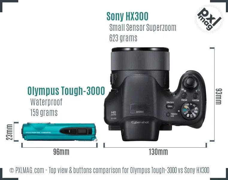 Olympus Tough-3000 vs Sony HX300 top view buttons comparison