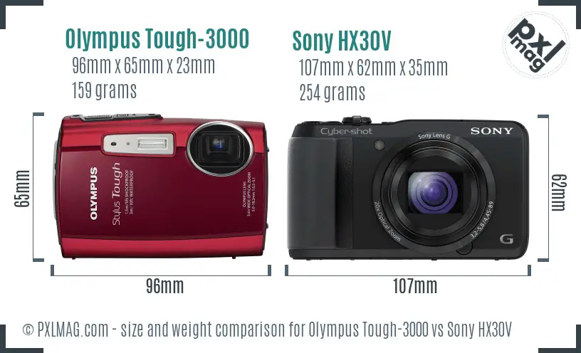 Olympus Tough-3000 vs Sony HX30V size comparison