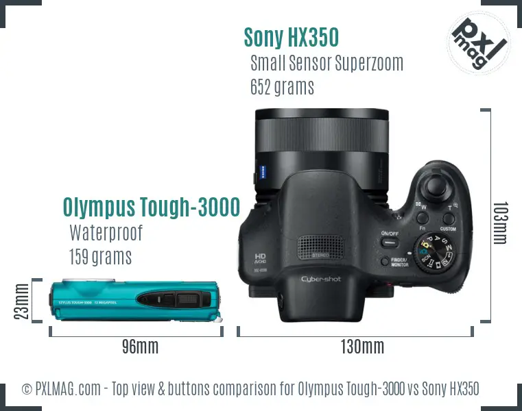 Olympus Tough-3000 vs Sony HX350 top view buttons comparison