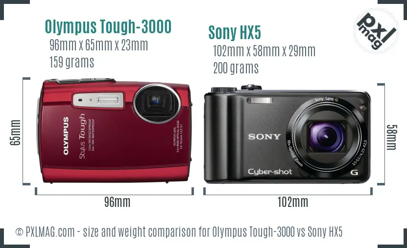 Olympus Tough-3000 vs Sony HX5 size comparison