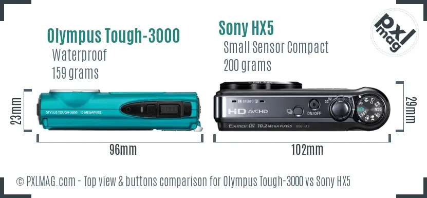 Olympus Tough-3000 vs Sony HX5 top view buttons comparison