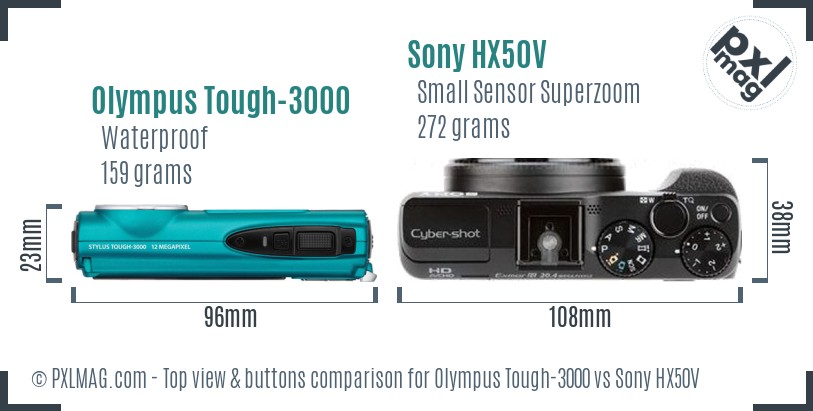 Olympus Tough-3000 vs Sony HX50V top view buttons comparison