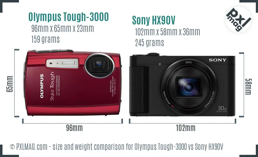 Olympus Tough-3000 vs Sony HX90V size comparison
