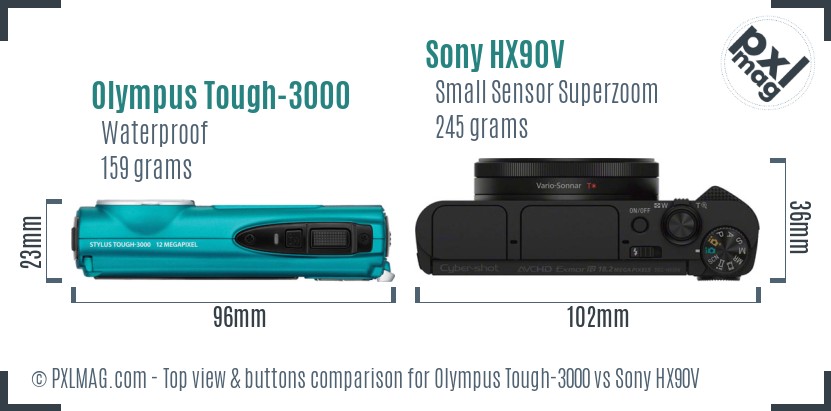 Olympus Tough-3000 vs Sony HX90V top view buttons comparison