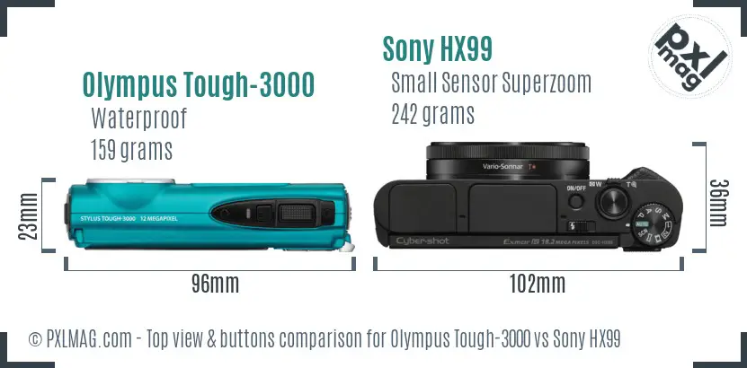 Olympus Tough-3000 vs Sony HX99 top view buttons comparison Olympus Tough-3000 vs Sony HX99 top view buttons comparison