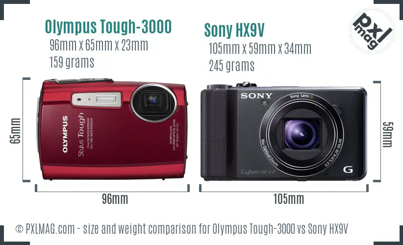 Olympus Tough-3000 vs Sony HX9V size comparison