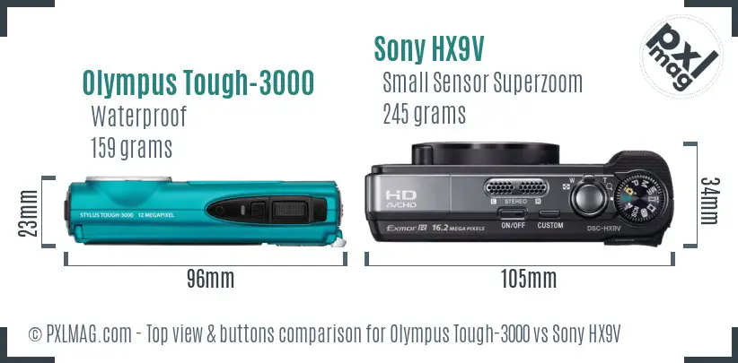 Olympus Tough-3000 vs Sony HX9V top view buttons comparison