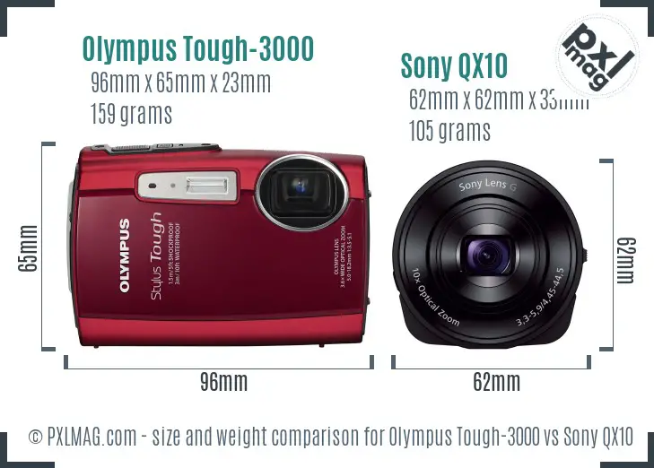 Olympus Tough-3000 vs Sony QX10 size comparison