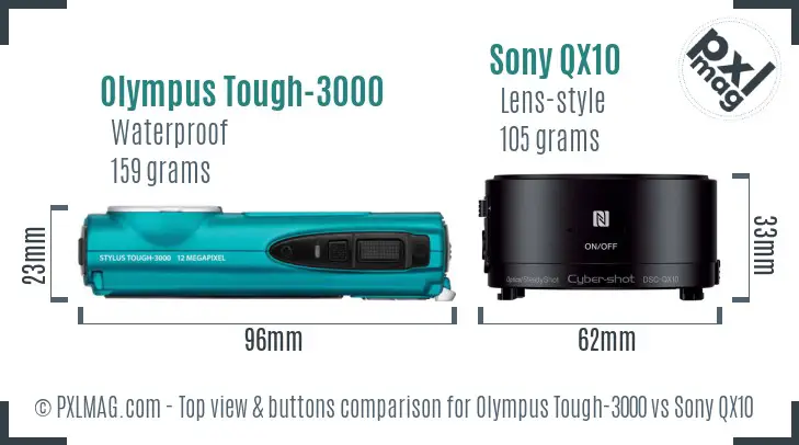 Olympus Tough-3000 vs Sony QX10 top view buttons comparison