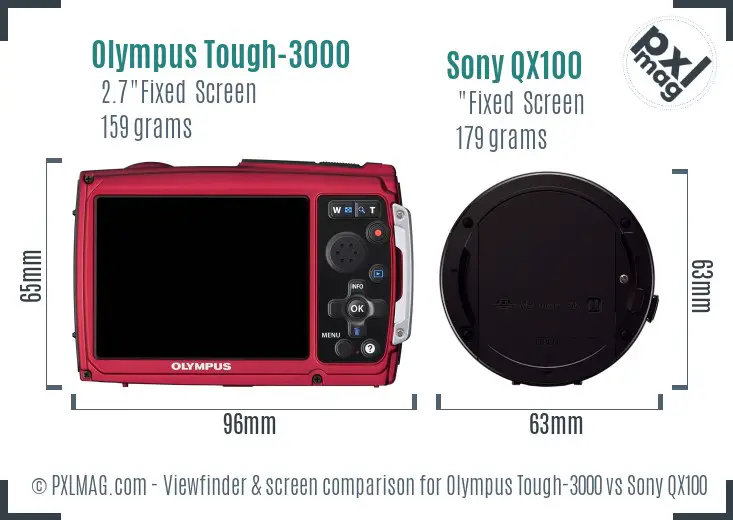 Olympus Tough-3000 vs Sony QX100 Screen and Viewfinder comparison