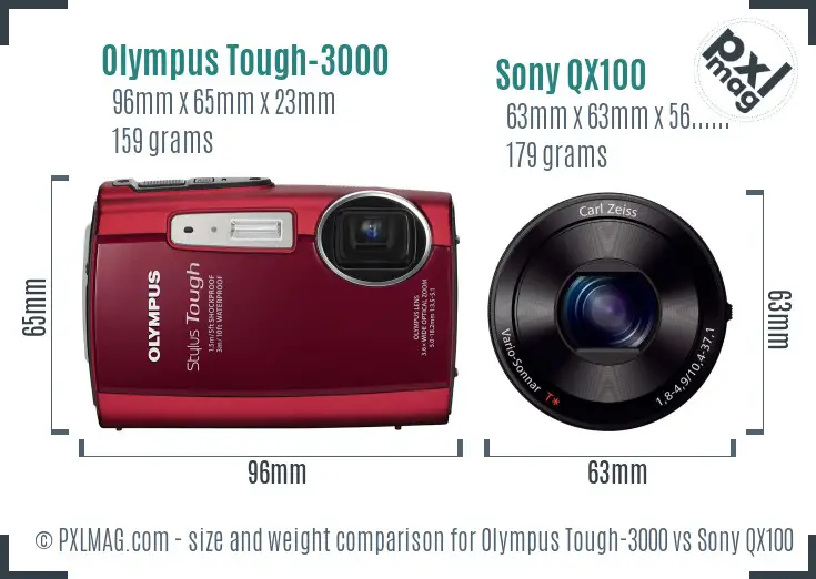Olympus Tough-3000 vs Sony QX100 size comparison