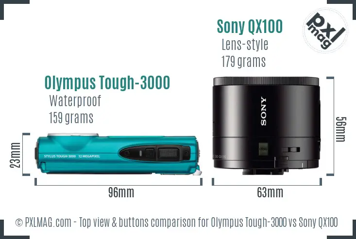 Olympus Tough-3000 vs Sony QX100 top view buttons comparison