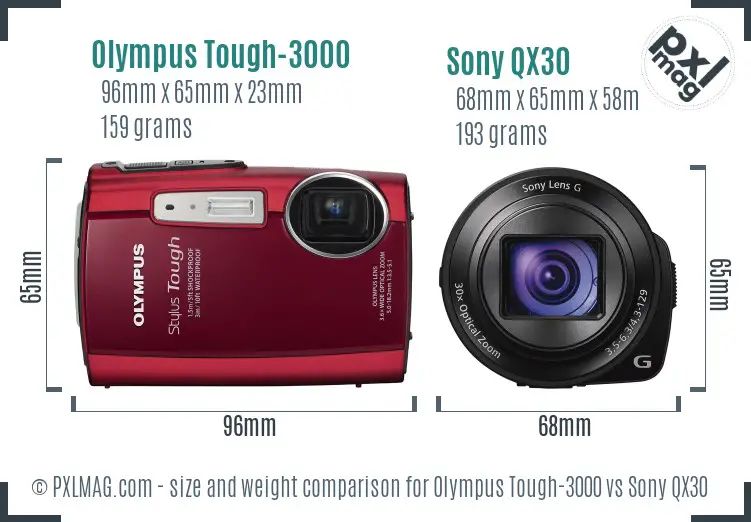 Olympus Tough-3000 vs Sony QX30 size comparison