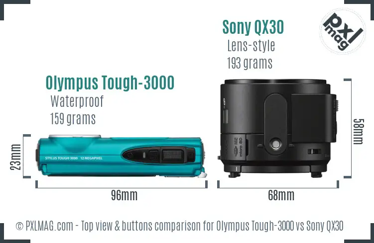Olympus Tough-3000 vs Sony QX30 top view buttons comparison