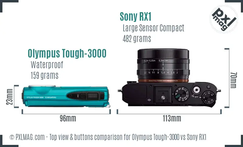 Olympus Tough-3000 vs Sony RX1 top view buttons comparison