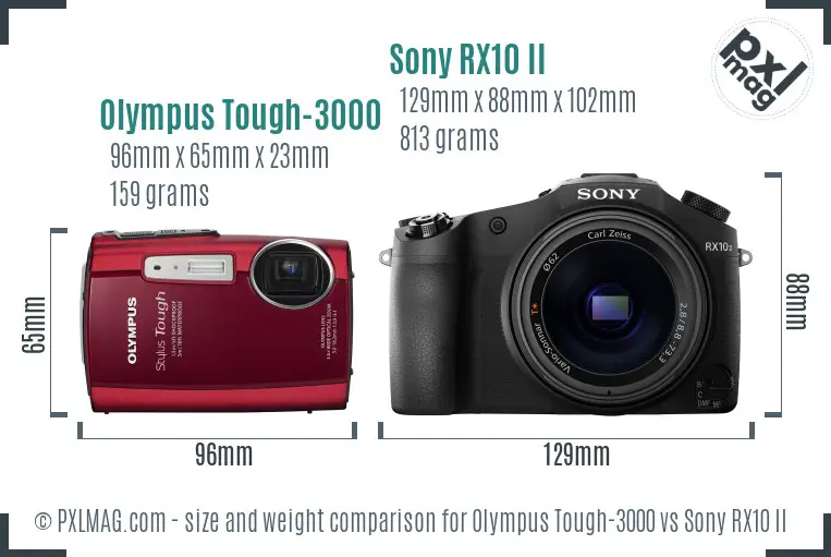 Olympus Tough-3000 vs Sony RX10 II size comparison