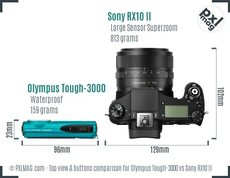 Olympus Tough-3000 vs Sony RX10 II top view buttons comparison