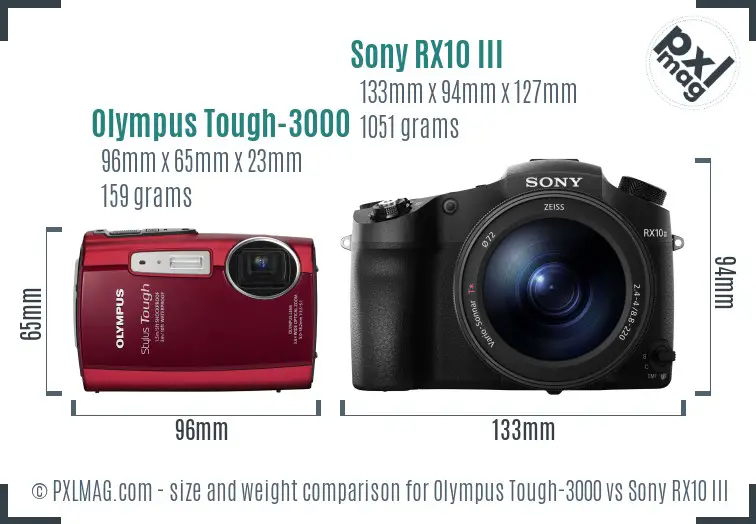 Olympus Tough-3000 vs Sony RX10 III size comparison