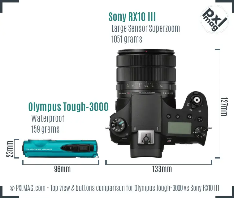 Olympus Tough-3000 vs Sony RX10 III top view buttons comparison
