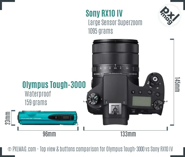 Olympus Tough-3000 vs Sony RX10 IV top view buttons comparison