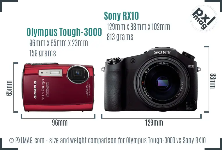 Olympus Tough-3000 vs Sony RX10 size comparison