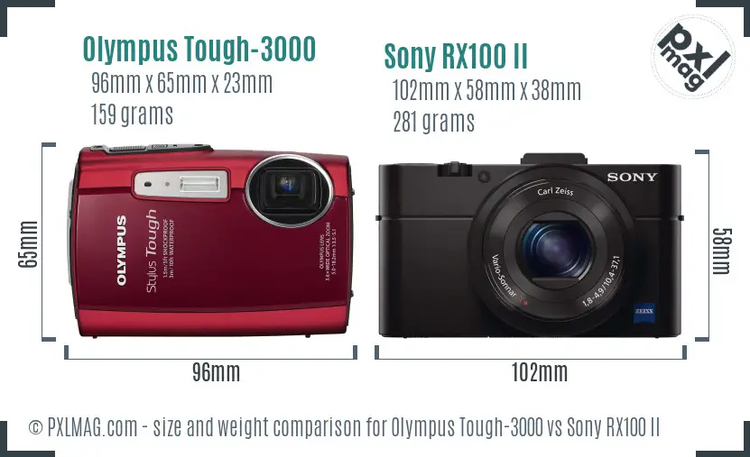 Olympus Tough-3000 vs Sony RX100 II size comparison
