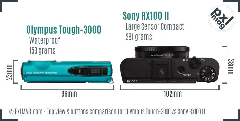 Olympus Tough-3000 vs Sony RX100 II top view buttons comparison