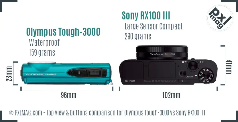 Olympus Tough-3000 vs Sony RX100 III top view buttons comparison