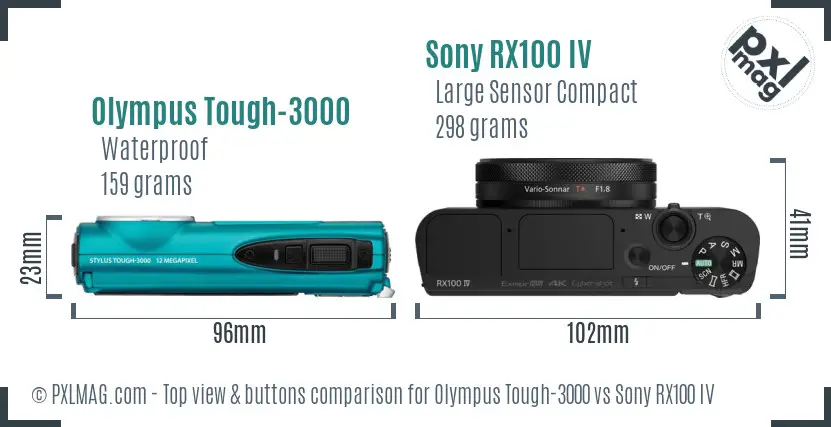 Olympus Tough-3000 vs Sony RX100 IV top view buttons comparison