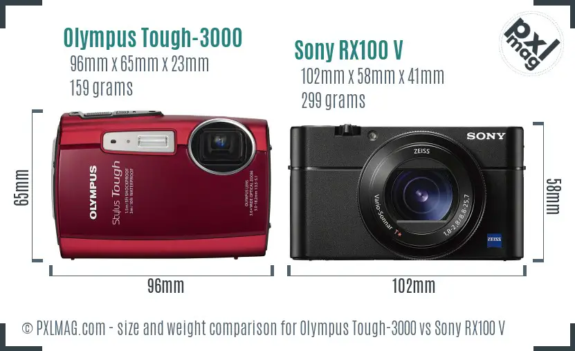 Olympus Tough-3000 vs Sony RX100 V size comparison