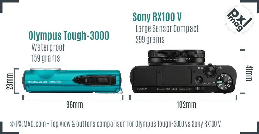 Olympus Tough-3000 vs Sony RX100 V top view buttons comparison