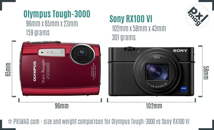 Olympus Tough-3000 vs Sony RX100 VI size comparison