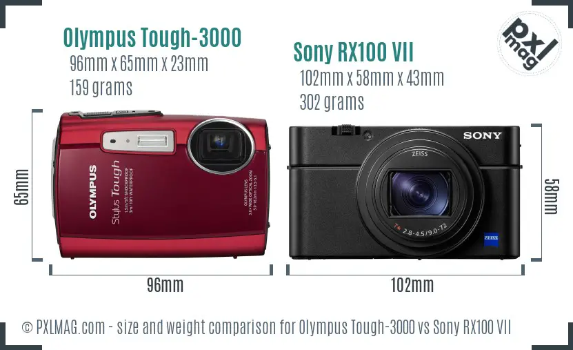 Olympus Tough-3000 vs Sony RX100 VII size comparison