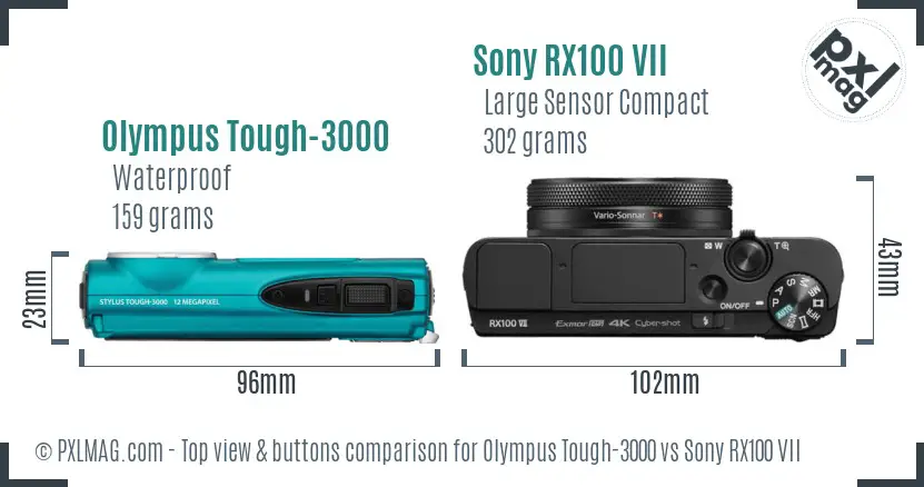 Olympus Tough-3000 vs Sony RX100 VII top view buttons comparison