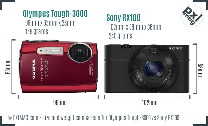 Olympus Tough-3000 vs Sony RX100 size comparison