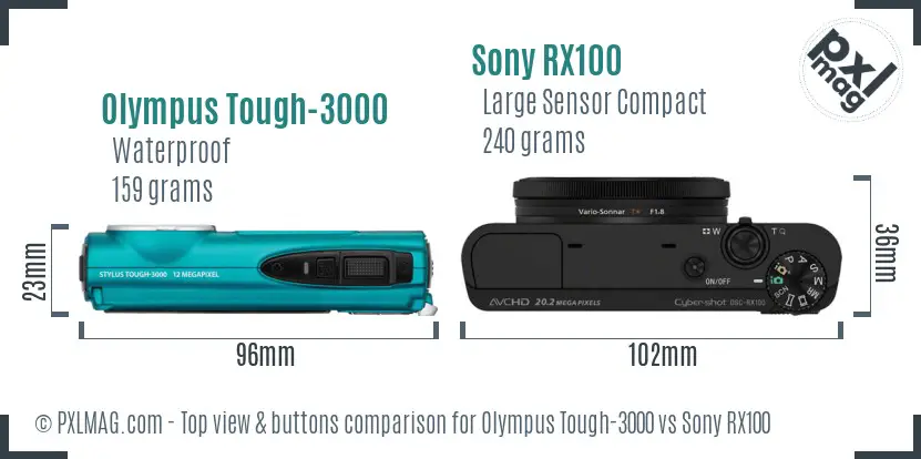 Olympus Tough-3000 vs Sony RX100 top view buttons comparison