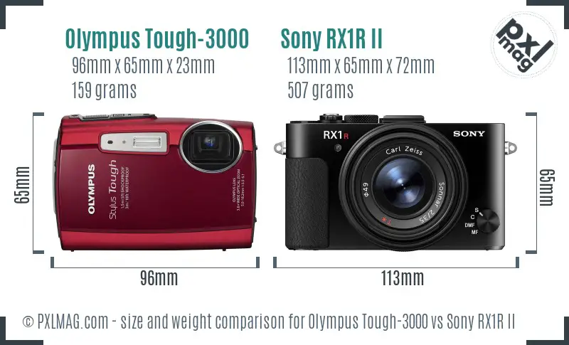 Olympus Tough-3000 vs Sony RX1R II size comparison